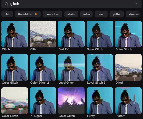 Trending glitch effects and cinematic filters available in CapCut Pro