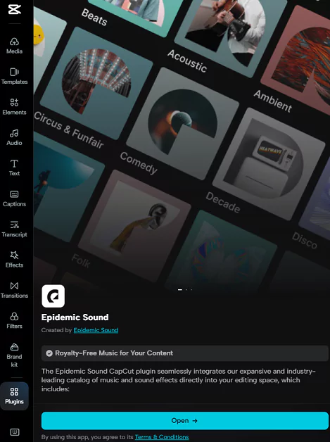 Royalty-free music and sound effects library inside the CapCut app